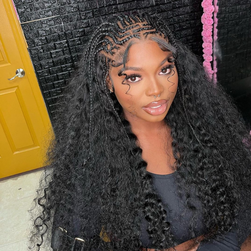 Pre Braided Lace Frontal Wig Deep Wave Fulani braid Human Hair