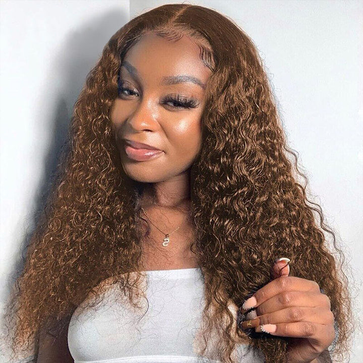 ALIGLOSSY Wear Go Glueless Chocolate Brown Deep Wave Lace Closure Wig 4x4 5x5 Pre Cut HD Transparent Curly Human Hair Lace Wigs Beginner Friendly