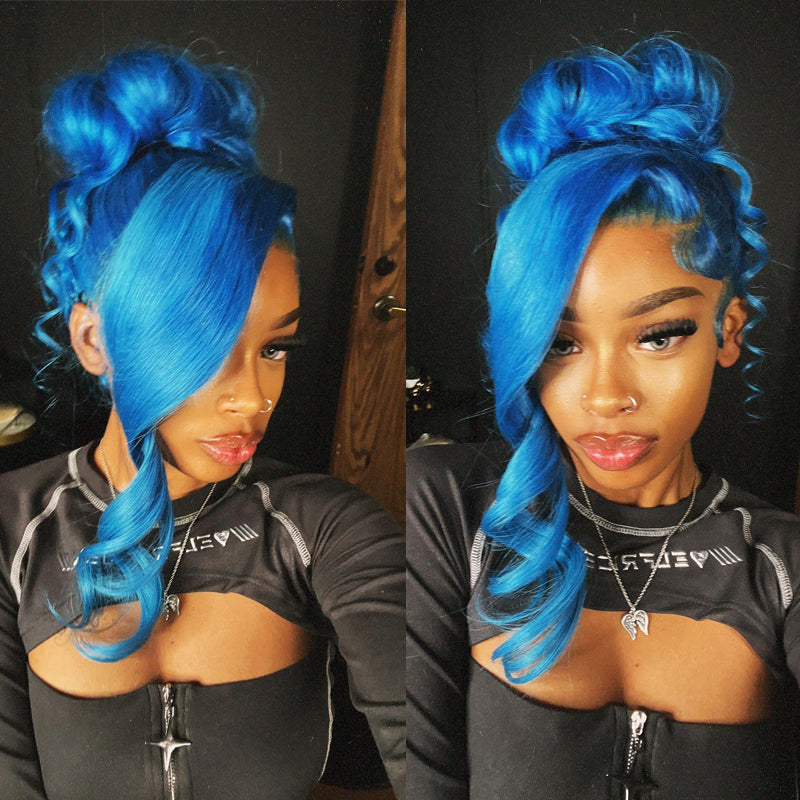 ALIGLOSSY 30 32 Inch 180 Density 13x4 Lace Frontal Customized Ocean Blue Straight Hair Wig