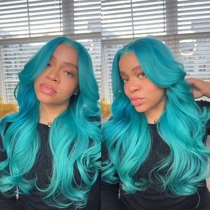 ALIGLOSSY 30 32 Inch 180 Density 13x4 Lace Frontal Customized Ocean Blue Straight Hair Wig