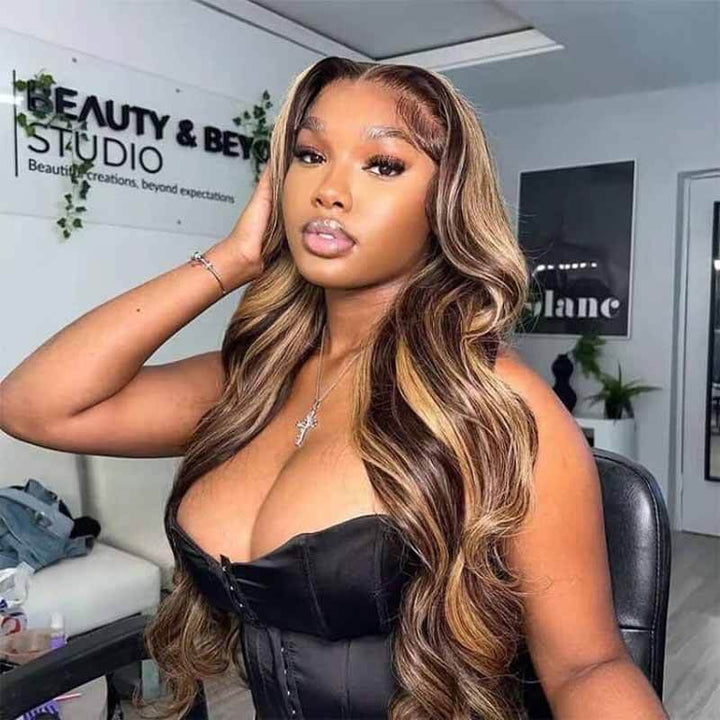 ALIGLOSSY 13x4 HD Lace Front Highlight P4/27 Body Wave Human Hair Wig