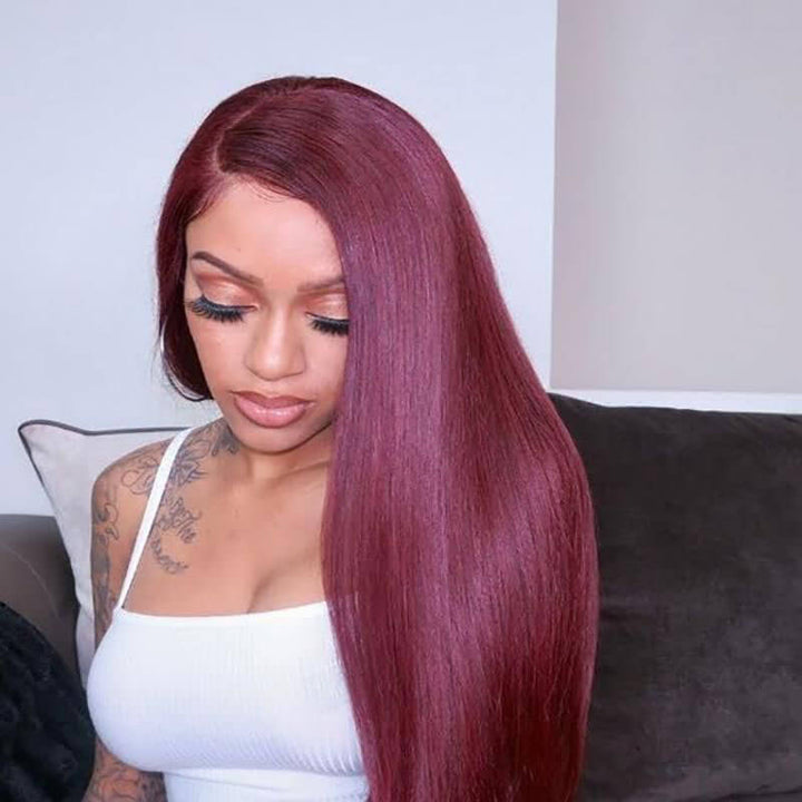 ALIGLOSSY 99J Color 13x6 HD Transparent Deep Part Lace Front Wig 13x4 Lace Straight Human Hair Wigs