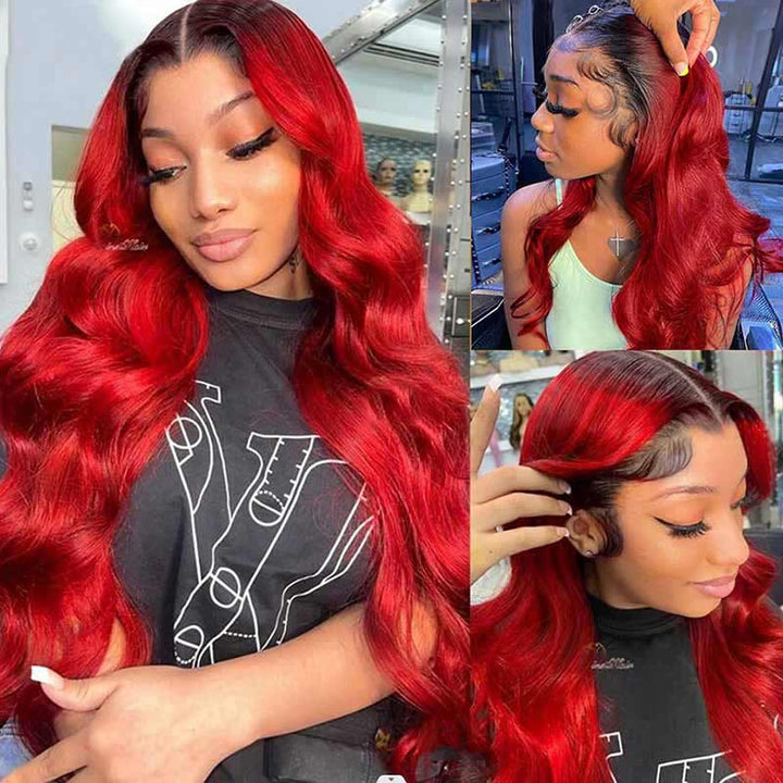 ALIGLOSSY 13x4 Lace Front 180 Density Ombre 1B/Burgundy Body Wave Wig