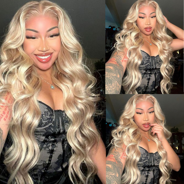 200 250 Density Balayage Ash Blonde 13x4 Lace Front Straight Body Wave Virgin Human Hair Wigs