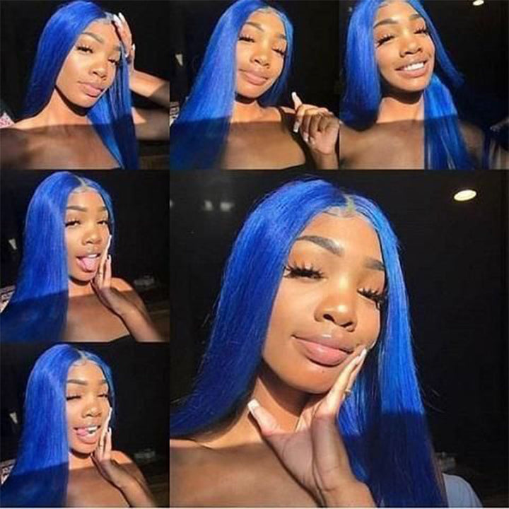 ALIGLOSSY 180% Density Blue Color 13x4 Lace Frontal Straight Hair Wigs
