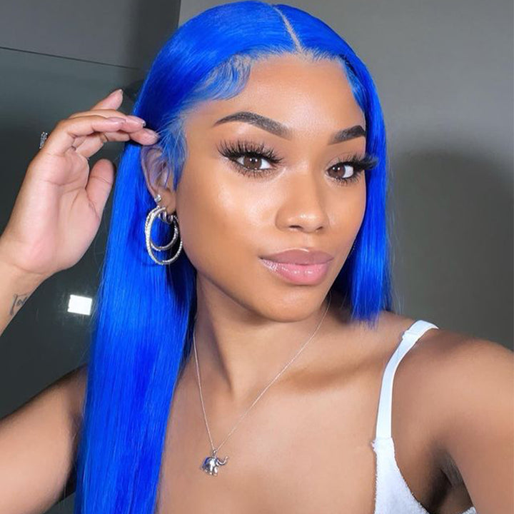 ALIGLOSSY 180% Density Blue Color 13x4 Lace Frontal Straight Hair Wigs