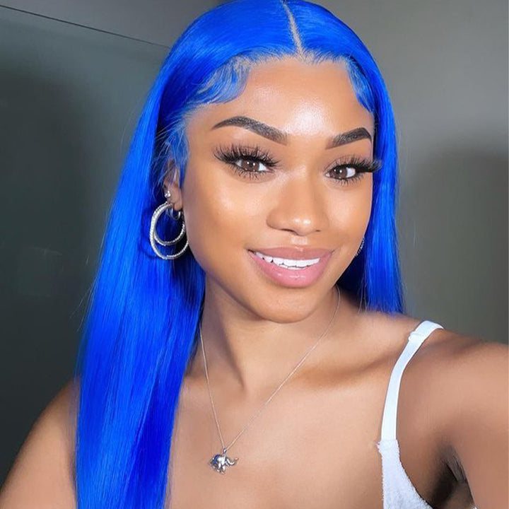 ALIGLOSSY 180% Density Blue Color 13x4 Lace Frontal Straight Hair Wigs