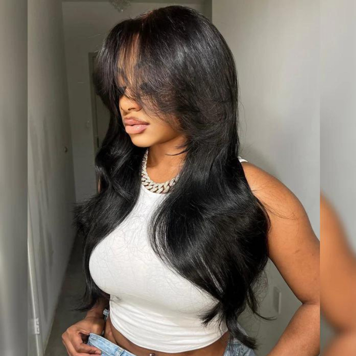 ALIGLOSSY Curtain Bangs 13x4 HD Transparent Straight Lace Frontal Wigs