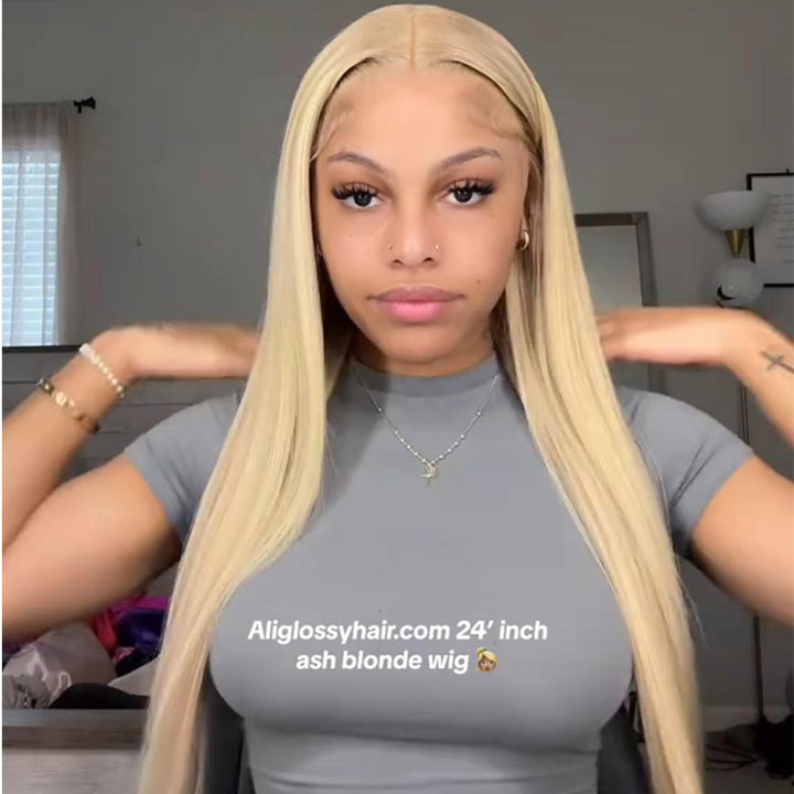 Aliglossy Ash Blonde Balayage 13x4 Transparent Lace Front 180% Density Straight Body Wave Human Hair Wigs