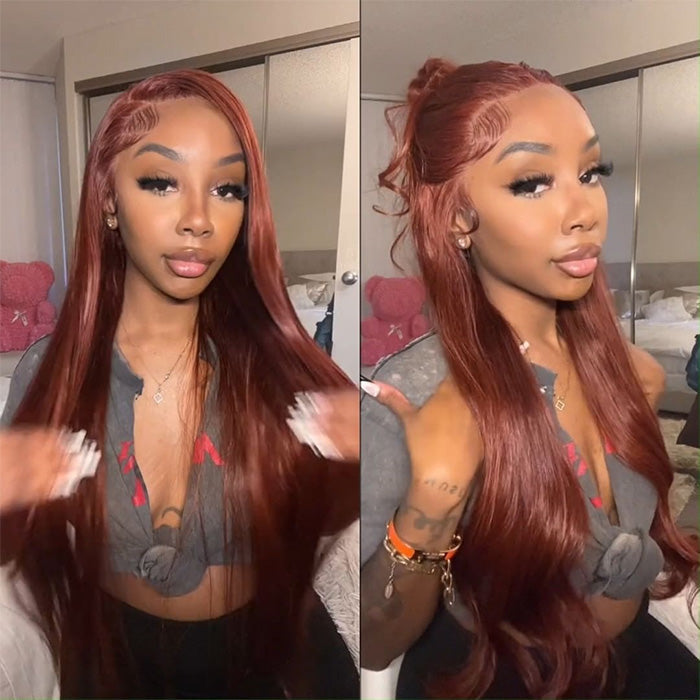 ALIGLOSSY Reddish Brown 13x4 Glueless Straight Weave Virgin Human Hair Wigs