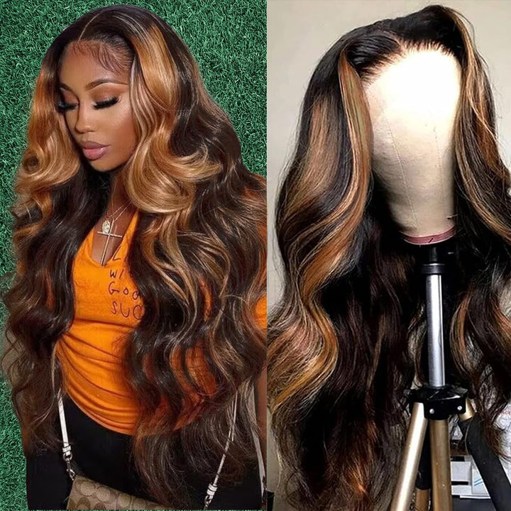 ALIGLOSSY 180 Density 13x6 Highlight Body Wave Lace Front Wig 1b/30 Wavy HD Transparent Human Hair Wigs