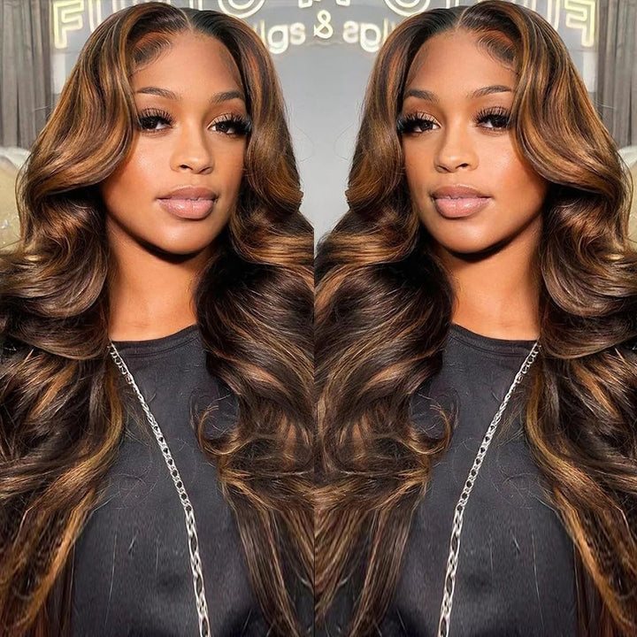 ALIGLOSSY 180 Density 13x6 Highlight Body Wave Lace Front Wig 1b/30 Wavy HD Transparent Human Hair Wigs