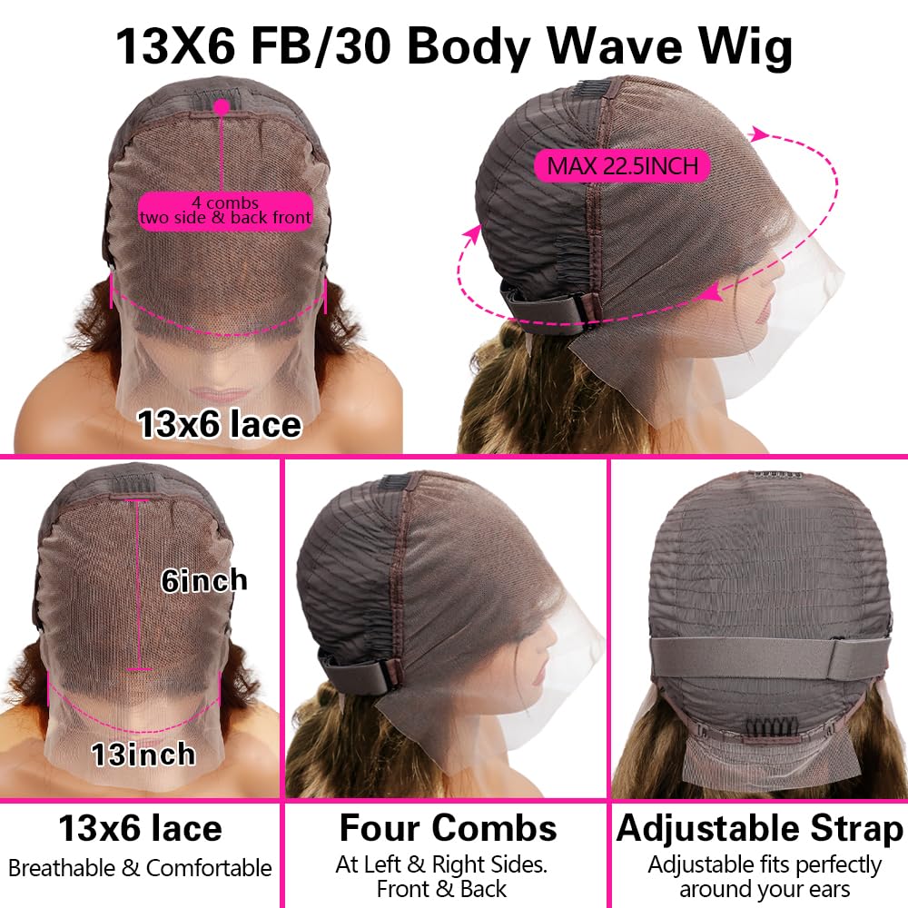 ALIGLOSSY 180 Density 13x6 Highlight Body Wave Lace Front Wig 1b/30 Wavy HD Transparent Human Hair Wigs