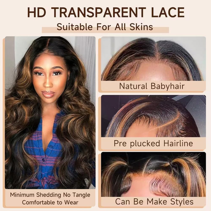 ALIGLOSSY 180 Density 13x6 Highlight Body Wave Lace Front Wig 1b/30 Wavy HD Transparent Human Hair Wigs