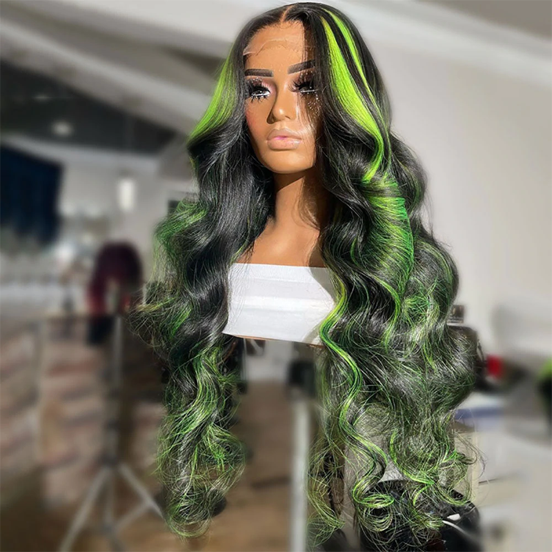 ALIGLOSSY 180% Density Black Green 13x4 HD Lace Frontal Human Hair Wig