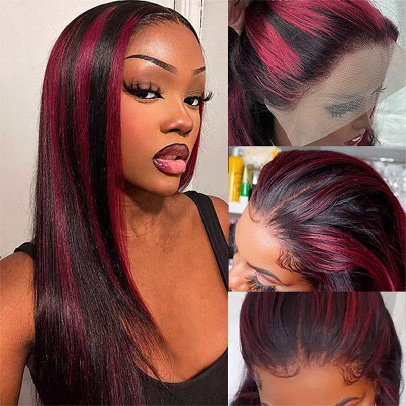 ALIGLOSSY Highlights Burgundy Glueless 13x4 Straight Lace Front Wigs