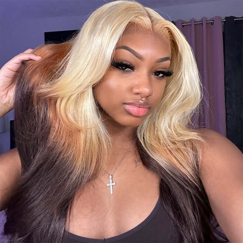 ALIGLOSSY Ombre 3 Tones Blonde Brown Black Underneath Human Hair Wigs