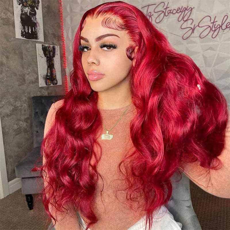 ALIGLOSSY 200% 250% RED Burgundy Color 13x4 Lace Front Body Wave Human Hair Wigs