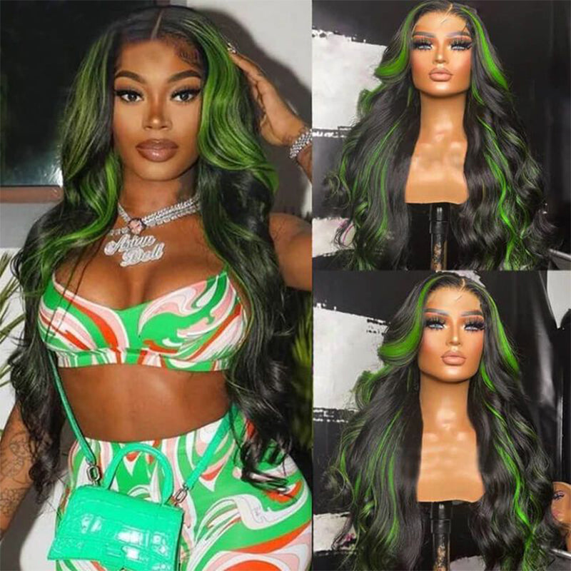 Black Green 180% Density 13x4 Transparent Lace Frontal Human Hair Wigs