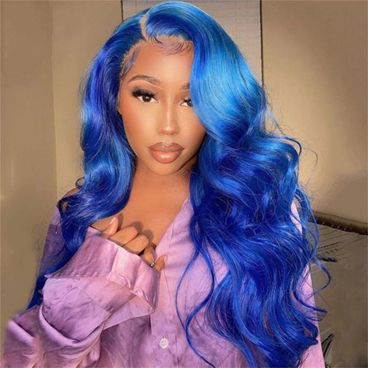 180% Density 13x4 Lace Frontal Blue Color Body Wave Human Hair Wigs