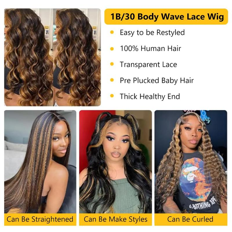 ALIGLOSSY 180 Density 13x6 Highlight Body Wave Lace Front Wig 1b/30 Wavy HD Transparent Human Hair Wigs