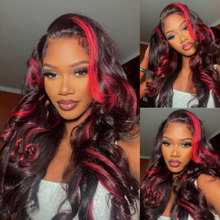 Glueless Burgundy Red Highlight Body Wave 13x4 Lace Front Hair Wigs
