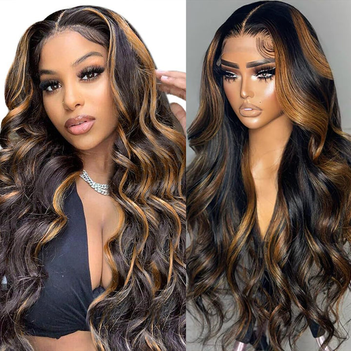 ALIGLOSSY 180 Density 13x6 Highlight Body Wave Lace Front Wig 1b/30 Wavy HD Transparent Human Hair Wigs