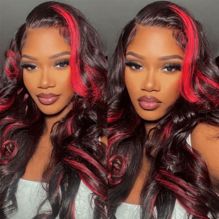 Glueless Burgundy Red Highlight Body Wave 13x4 Lace Front Hair Wigs