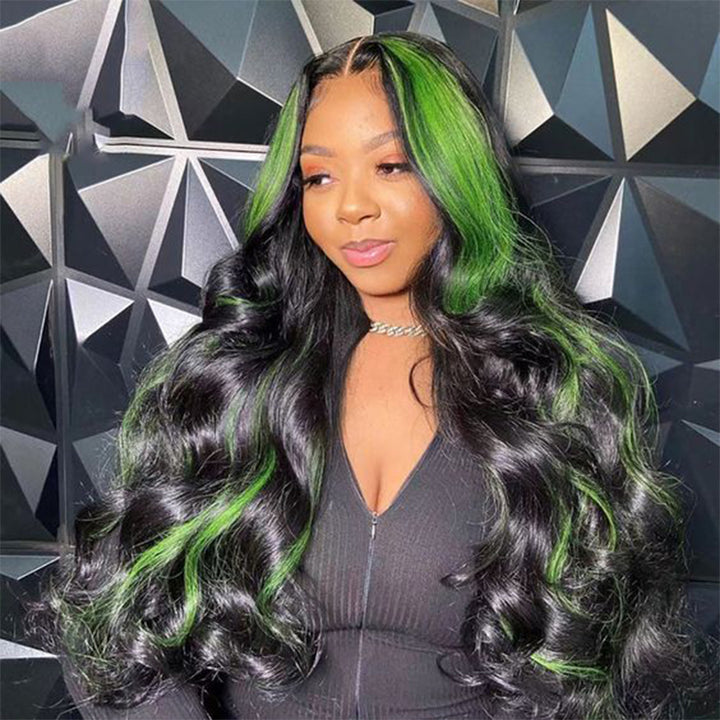 ALIGLOSSY 180% Density Black Green 13x4 HD Lace Frontal Human Hair Wig