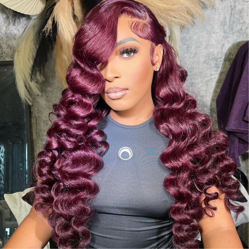 Aliglossy 250 Density 99J Red 13x4 Lace Front Wand Curls Loose Deep Wave Human Hair Wigs