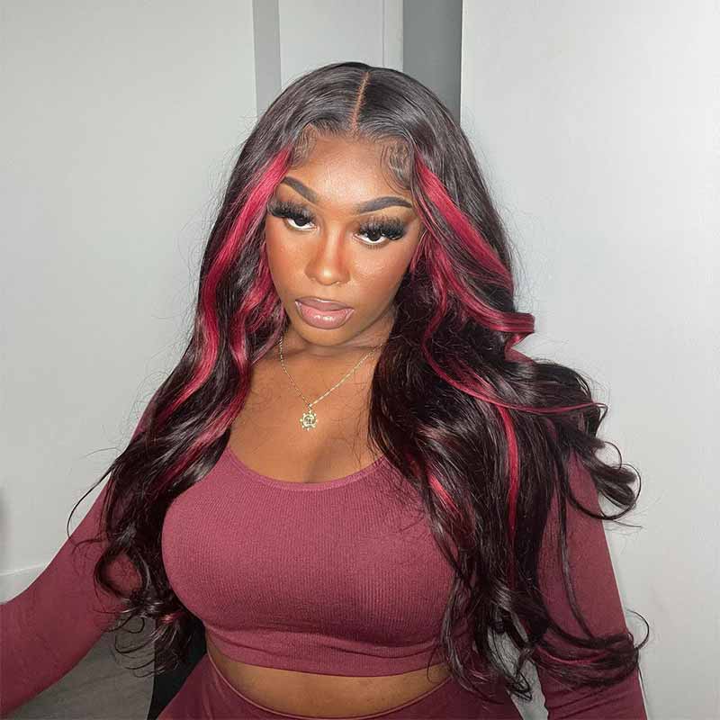 ALIGLOSSY 200% 250% Burgundy Highlight 13x4 HD Lace Front Body Wave Hair Wig