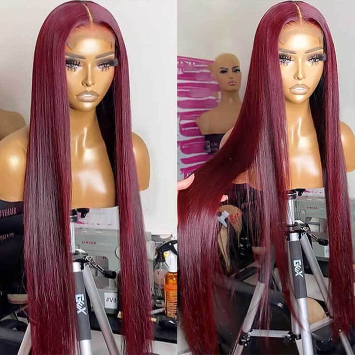ALIGLOSSY 99J Glueless Straight 13x4 HD Transparent Lace Front Human Hair Wigs
