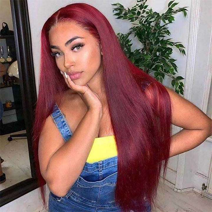ALIGLOSSY 99J Glueless Straight 13x4 HD Transparent Lace Front Human Hair Wigs