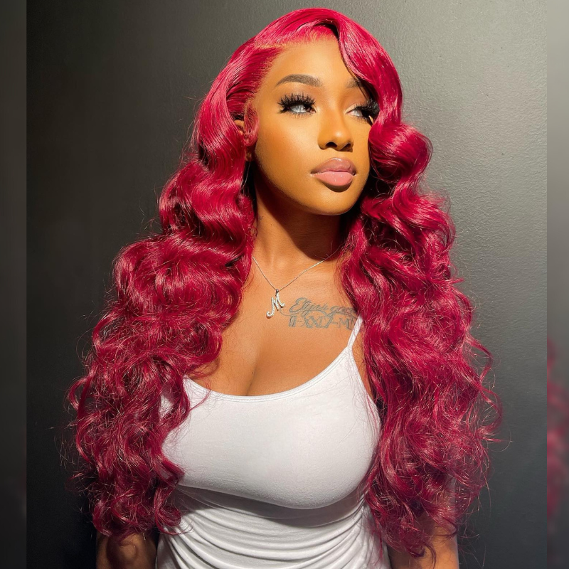 Aliglossy 250 300 Density Bright Burgundy Red Wand Curls Wig 13X4 Lace Frontal Human Hair Wigs