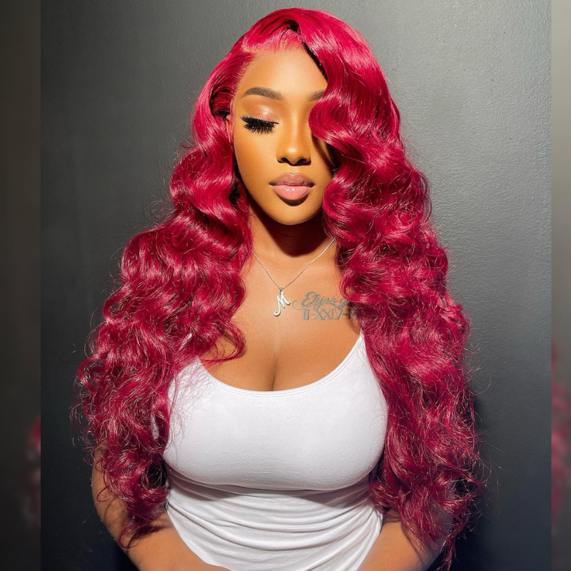 Aliglossy 250 300 Density Bright Burgundy Red Wand Curls Wig 13X4 Lace Frontal Human Hair Wigs