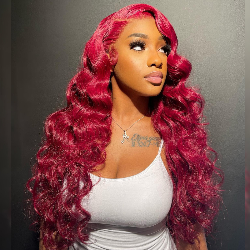 Aliglossy 250 300 Density Bright Burgundy Red Wand Curls Wig 13X4 Lace Frontal Human Hair Wigs