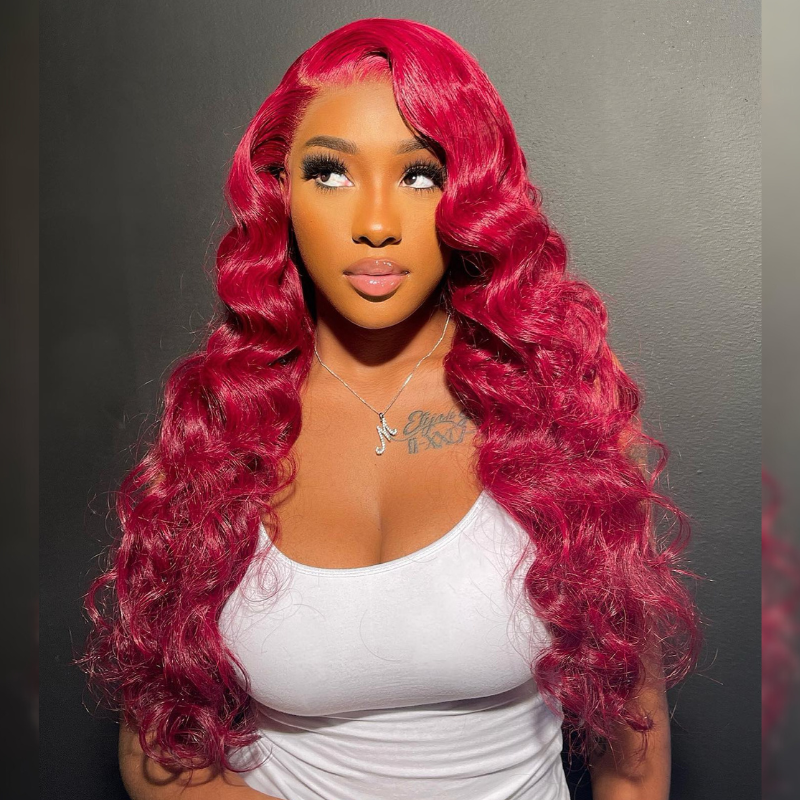 Aliglossy 250 300 Density Bright Burgundy Red Wand Curls Wig 13X4 Lace Frontal Human Hair Wigs