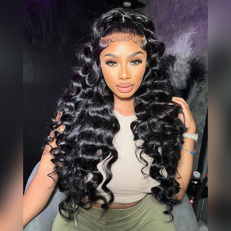 ALIGLOSSY 13x4 Glueless Loose Deep Wave Lace Front Wig HD Transparent Lace Human Hair Wigs