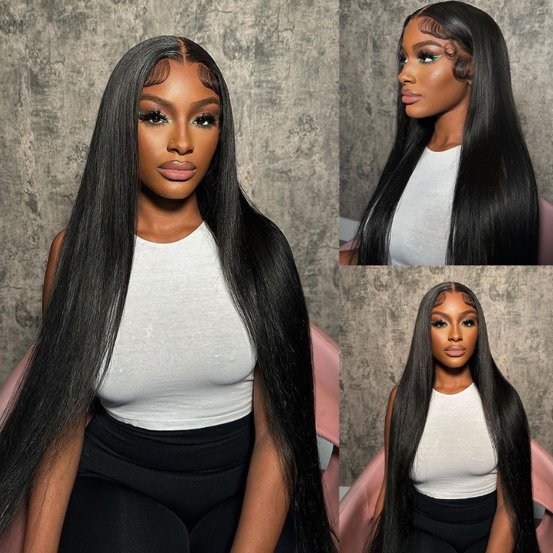 ALIGLOSSY 13x4 HD Transparent Straight Lace Frontal Wigs Pre-Plucked With Baby Hair 180 Density Human Hair Lace Front Wigs
