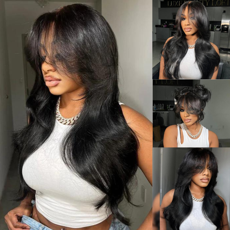 ALIGLOSSY Curtain Bangs Straight Hair Wig 250 Density 13x4 13x6 Lace Frontal Wigs