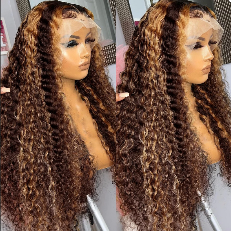 ALIGLOSSY Highlight Deep Wave Wig 150 180 Density 4/27 HD Transparent Curly Human Hair Wigs