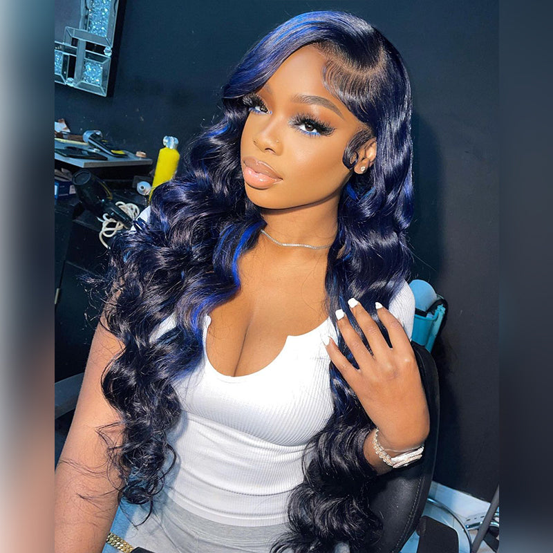 Aliglossy 13x4 Lace Front 250 300 Density Wand Curls Loose Deep Wave Black Wig With Blue Highlights