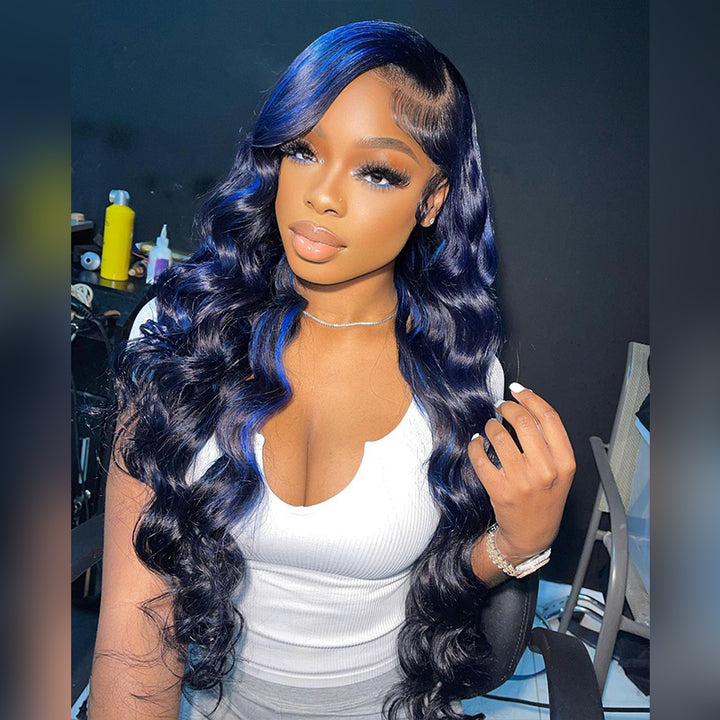 Aliglossy 13x4 Lace Front 250 300 Density Wand Curls Loose Deep Wave Black Wig With Blue Highlights