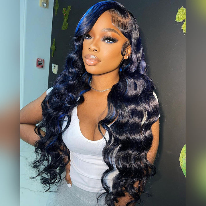 Aliglossy 13x4 Lace Front 250 300 Density Wand Curls Loose Deep Wave Black Wig With Blue Highlights