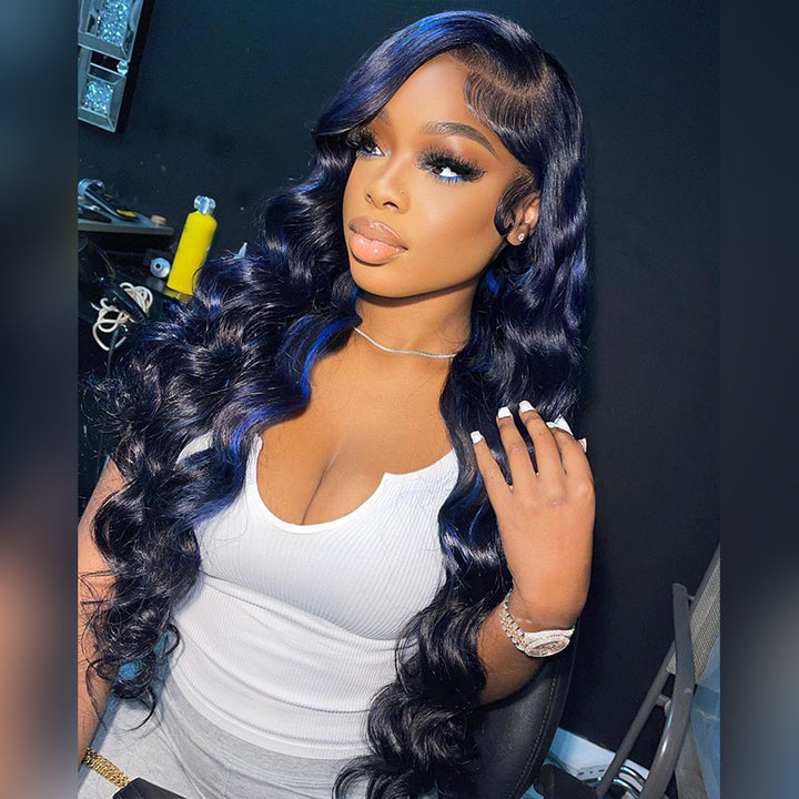 Aliglossy 13x4 Lace Front 250 300 Density Wand Curls Loose Deep Wave Black Wig With Blue Highlights