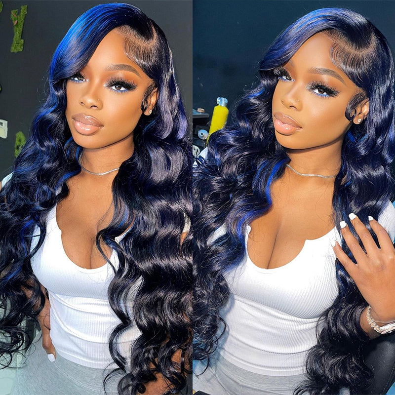 Aliglossy 13x4 Lace Front 250 300 Density Wand Curls Loose Deep Wave Black Wig With Blue Highlights