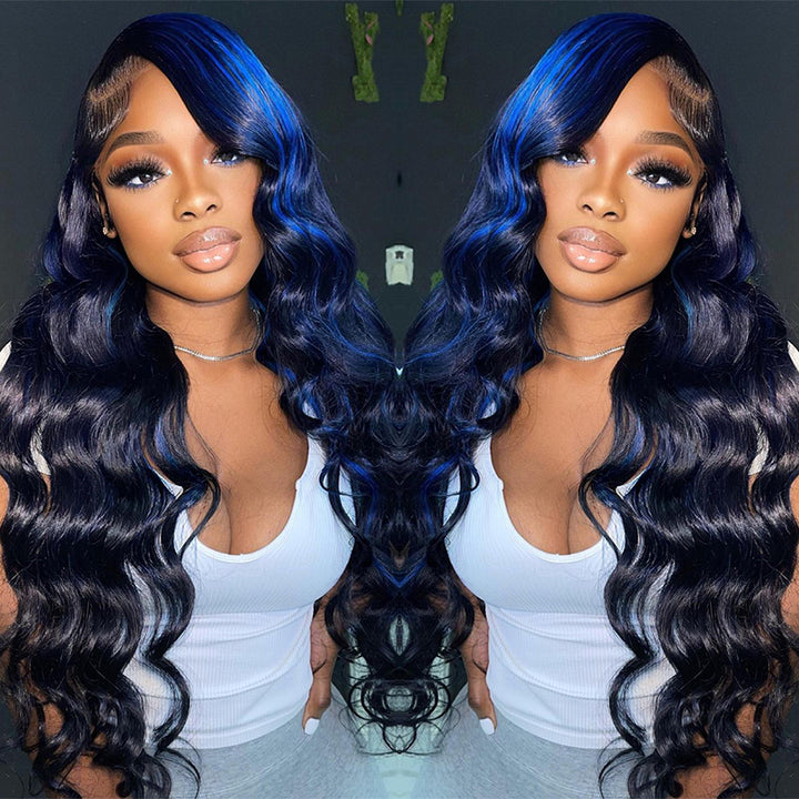 Aliglossy 13x4 Lace Front 250 300 Density Wand Curls Loose Deep Wave Black Wig With Blue Highlights