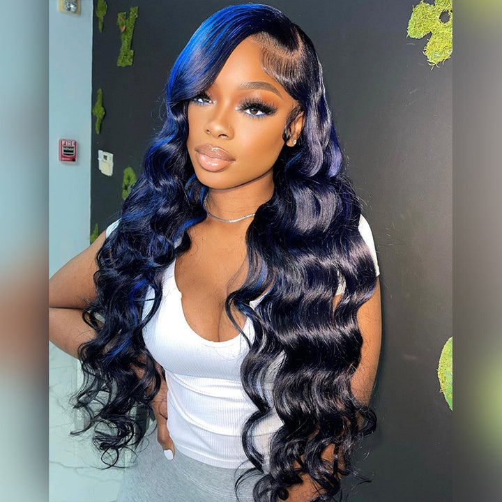 Aliglossy 13x4 Lace Front 250 300 Density Wand Curls Loose Deep Wave Black Wig With Blue Highlights