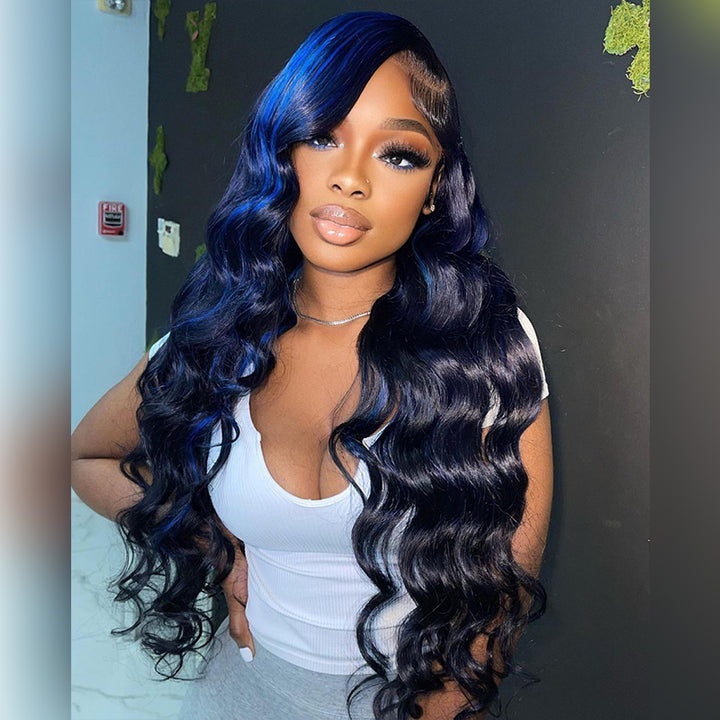 Aliglossy 13x4 Lace Front 250 300 Density Wand Curls Loose Deep Wave Black Wig With Blue Highlights