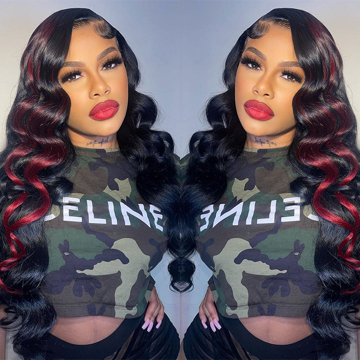 Aliglossy 250 300 Density Wand Curls 13x4 Lace Front Black Wig With Red Highlights